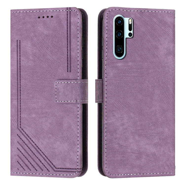 For Huawei P30 Pro Skin Feel Stripe Pattern Leather Phone Case with Lanyard(Purple)