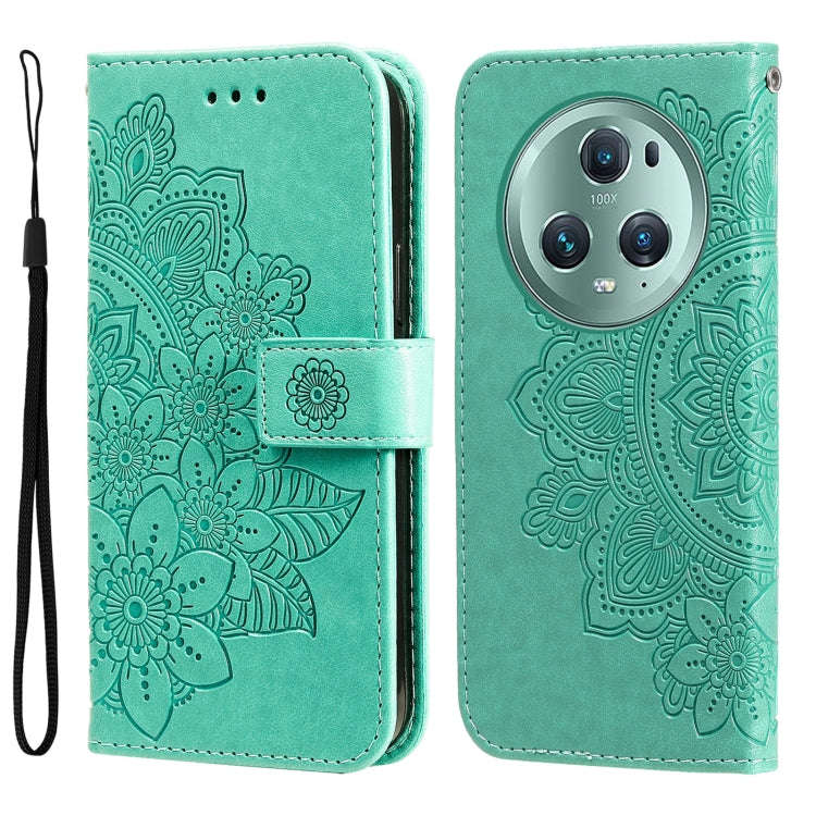 For Honor Magic5 Pro 7-petal Flowers Embossing Leather Phone Case(Green)