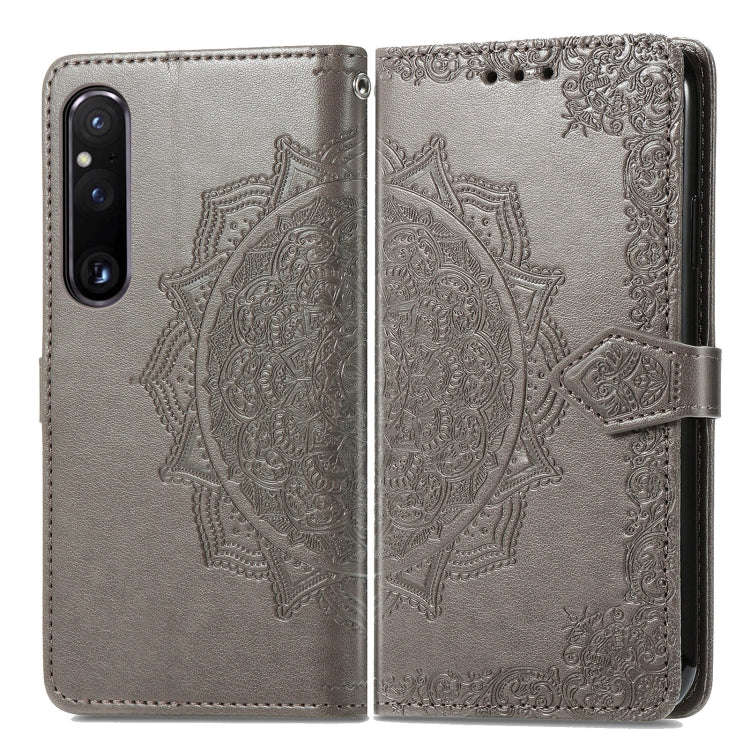 For Sony Xperia 1 IV Mandala Flower Embossed Leather Phone Case(Grey)