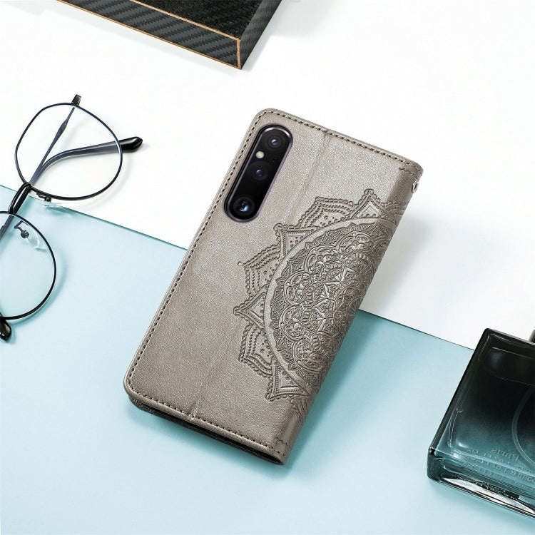 For Sony Xperia 1 IV Mandala Flower Embossed Leather Phone Case(Grey)