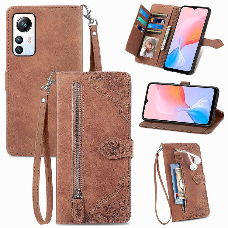For Blackview A85 Embossed Flower Zipper Leather Phone Case(Brown)