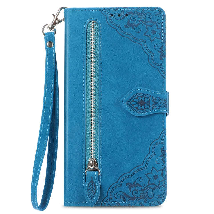 For Honor Magic5 Embossed Flower Zipper Leather Phone Case(Blue)