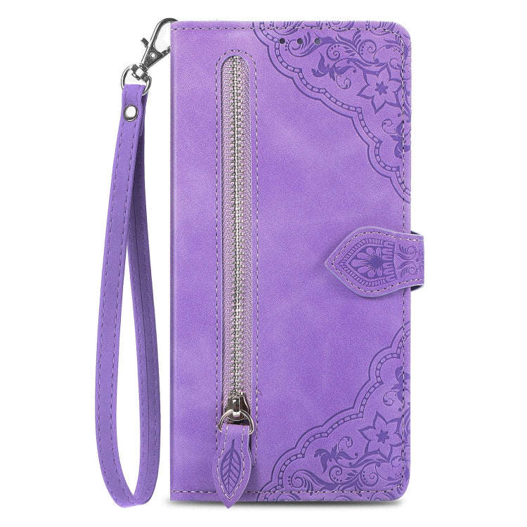 For Honor Magic5 Embossed Flower Zipper Leather Phone Case(Purple)