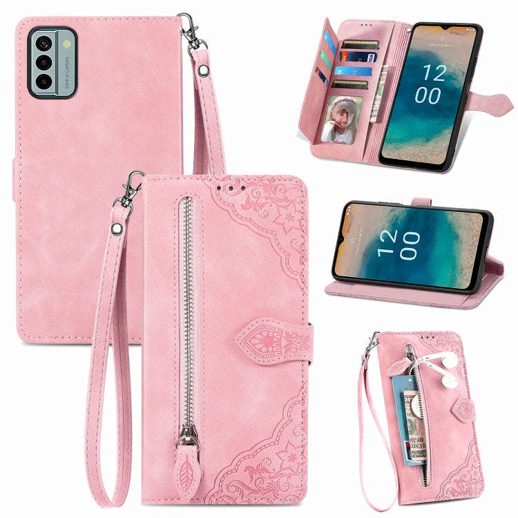 For Nokia G22 Embossed Flower Zipper Leather Phone Case(Pink)