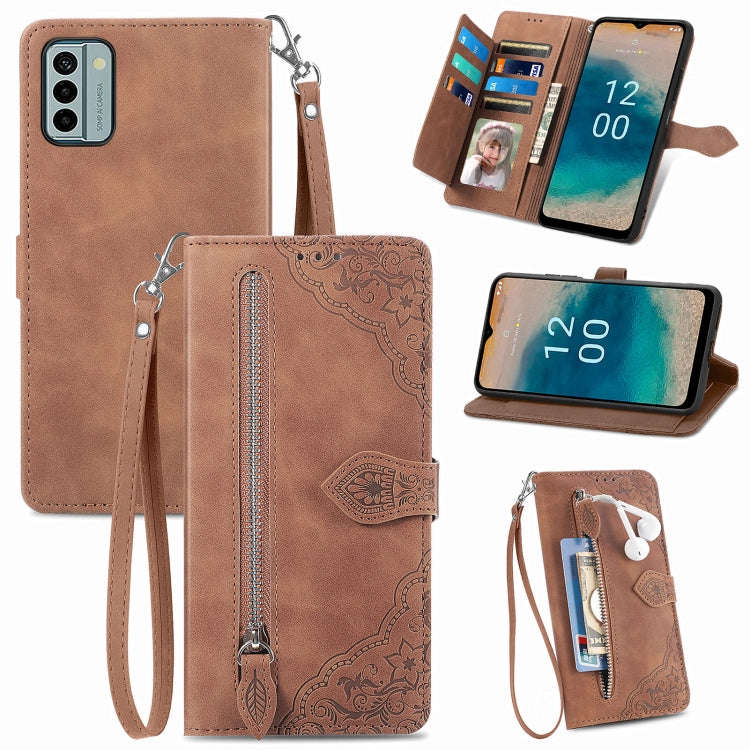 For Nokia G22 Embossed Flower Zipper Leather Phone Case(Brown)