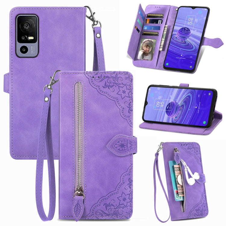 For TCL 40R Embossed Flower Zipper Leather Phone Case(Purple)