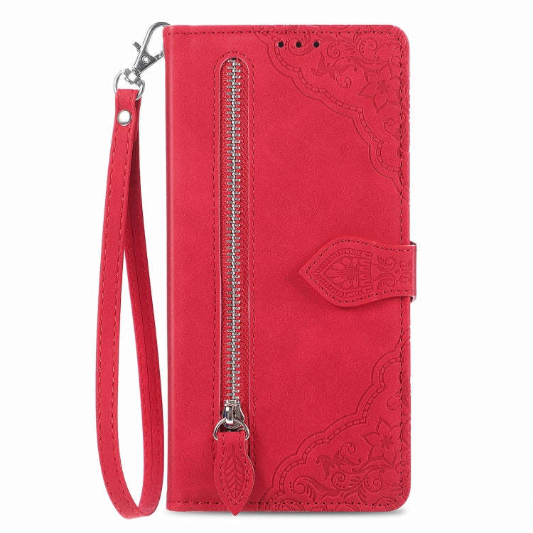 For TCL 40 SE Embossed Flower Zipper Leather Phone Case(Red)