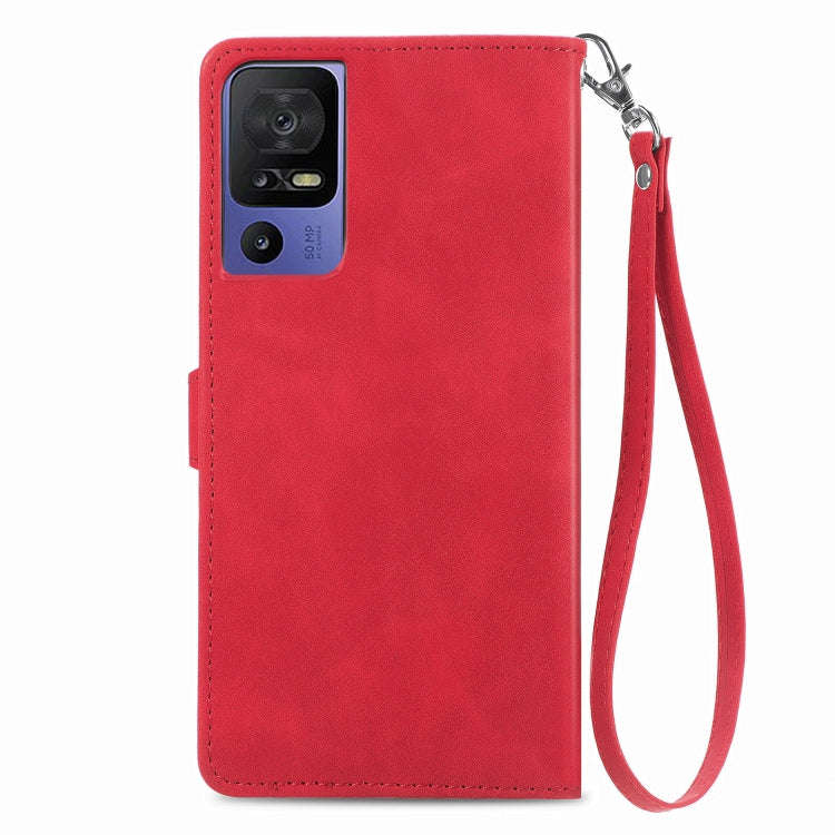 For TCL 40 SE Embossed Flower Zipper Leather Phone Case(Red)