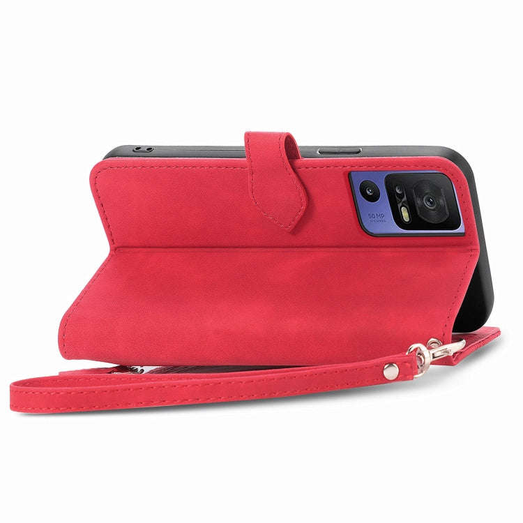 For TCL 40 SE Embossed Flower Zipper Leather Phone Case(Red)