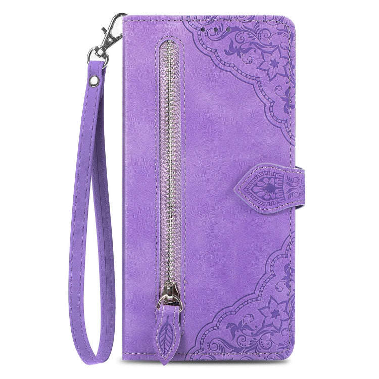 For TCL 403 Embossed Flower Zipper Leather Phone Case(Purple)