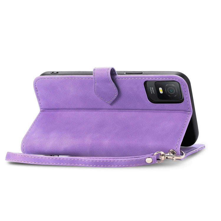 For TCL 403 Embossed Flower Zipper Leather Phone Case(Purple)