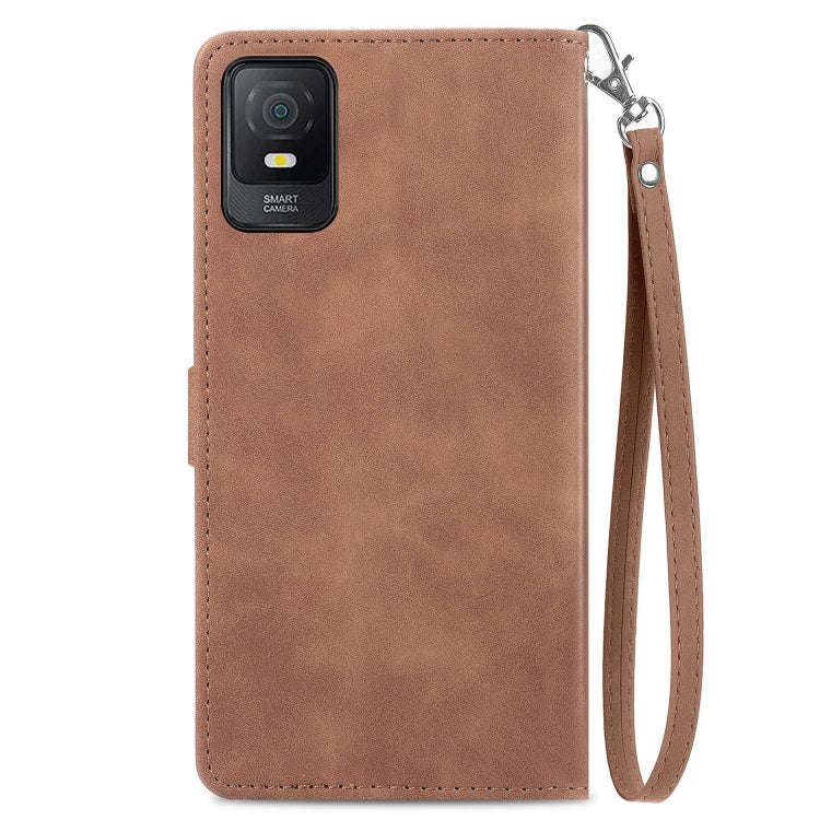 For TCL 403 Embossed Flower Zipper Leather Phone Case(Brown)