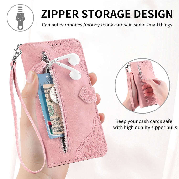 For TCL 403 Embossed Flower Zipper Leather Phone Case(Brown)