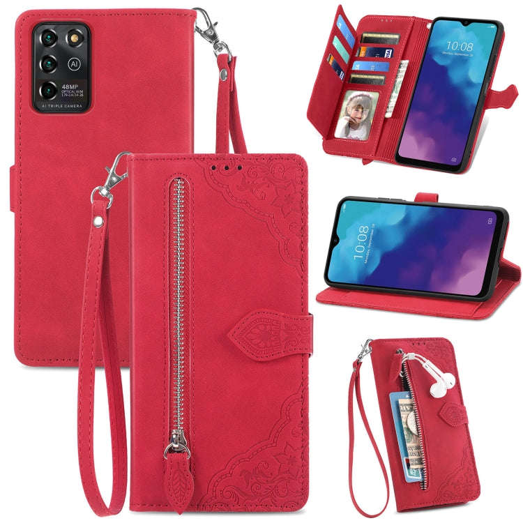 For ZTE Blade V30 Vita Embossed Flower Zipper Leather Phone Case(Red)