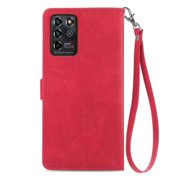 For ZTE Blade V30 Vita Embossed Flower Zipper Leather Phone Case(Red)