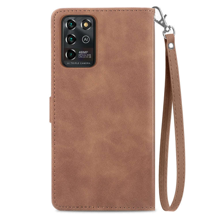 For ZTE Blade V30 Vita Embossed Flower Zipper Leather Phone Case(Brown)