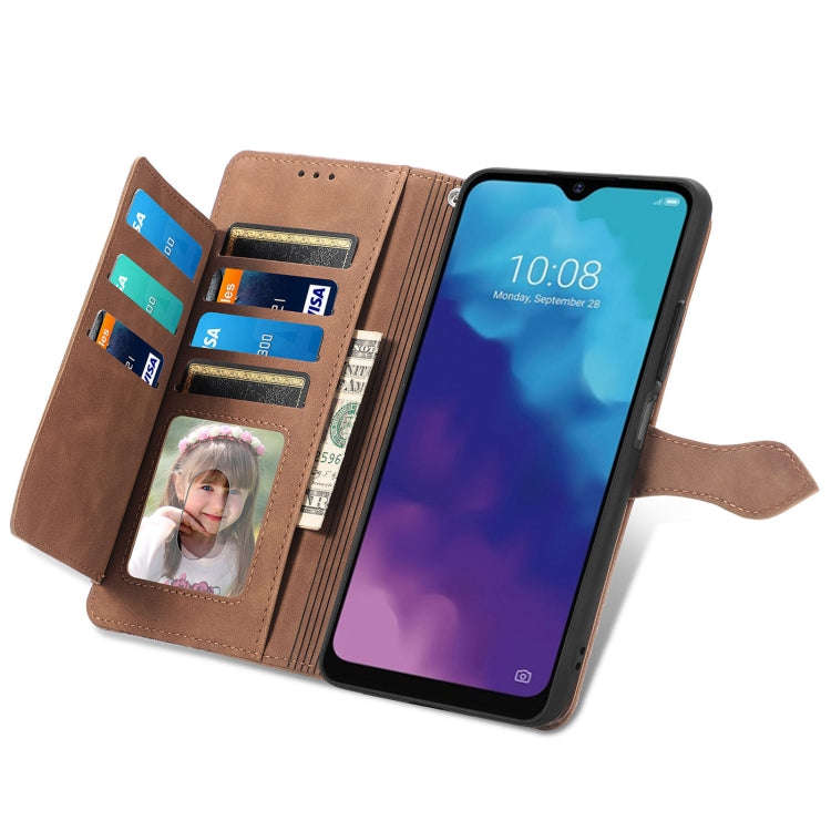 For ZTE Blade V30 Vita Embossed Flower Zipper Leather Phone Case(Brown)
