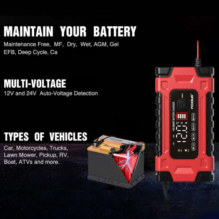 FOXSUR 12V / 24V / 10A Car / Motorcycle Battery Smart Repair Lead-acid Battery Charger, Plug Type...