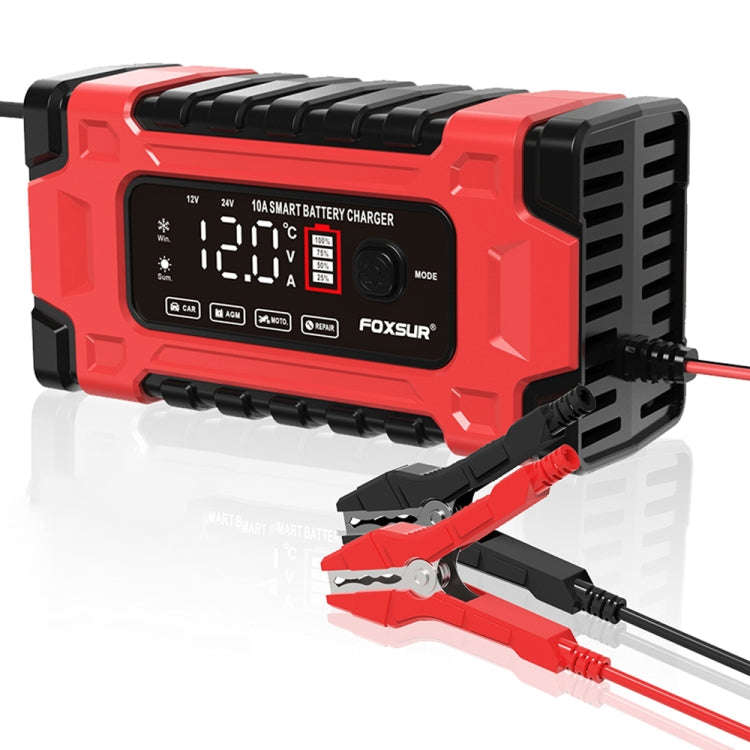 FOXSUR 12V / 24V / 10A Car / Motorcycle Battery Smart Repair Lead-acid Battery Charger, Plug Type...