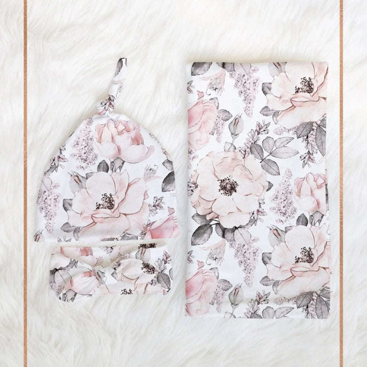 Newborn Baby Three-piece Swaddling Scarf  Cap Headband(Flower-1)