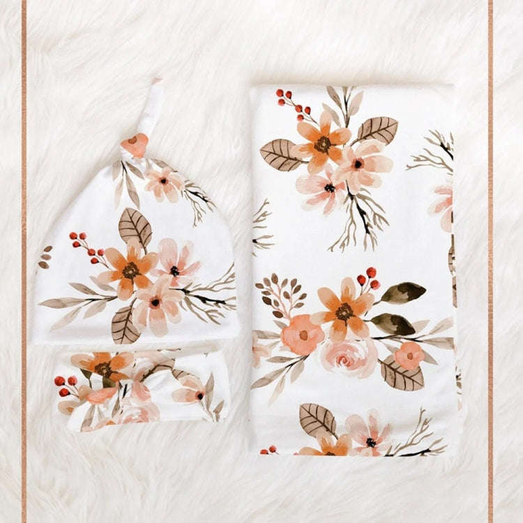 Newborn Baby Three-piece Swaddling Scarf  Cap Headband(Flower-2)