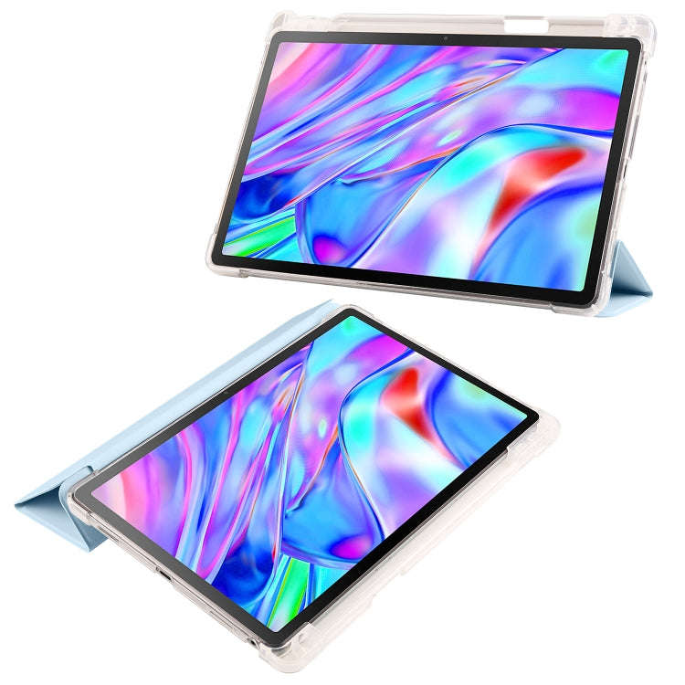 For Lenovo Pad Plus 2023 11.5 inch 3-fold Clear TPU Leather Tablet Case with Pen Slot(Ice Blue)