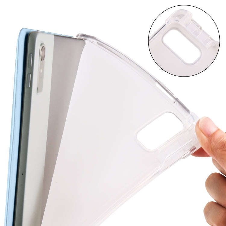 For Lenovo Pad Plus 2023 11.5 inch 3-fold Clear TPU Leather Tablet Case with Pen Slot(Ice Blue)
