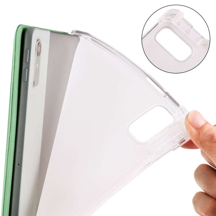 For Lenovo Pad Plus 2023 11.5 inch 3-fold Clear TPU Leather Tablet Case with Pen Slot(Green)