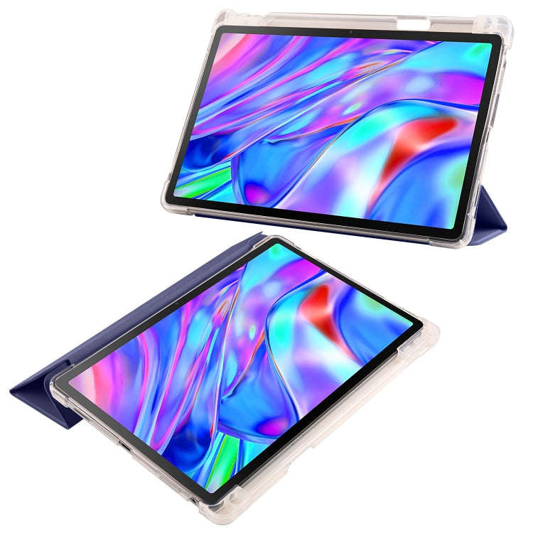 For Lenovo Pad Plus 2023 11.5 inch 3-fold Clear TPU Leather Tablet Case with Pen Slot(Dark Blue)