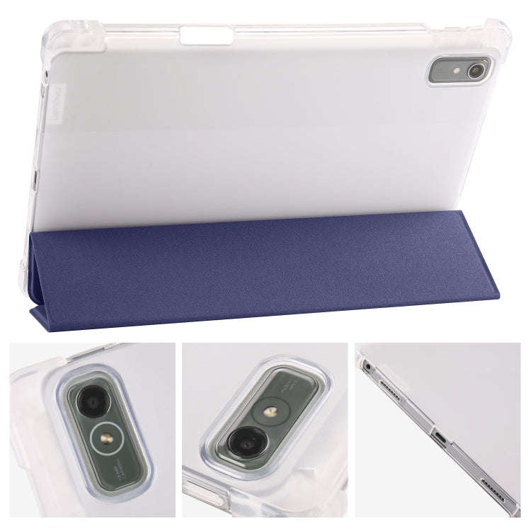 For Lenovo Pad Plus 2023 11.5 inch 3-fold Clear TPU Leather Tablet Case with Pen Slot(Dark Blue)