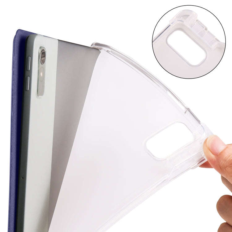 For Lenovo Pad Plus 2023 11.5 inch 3-fold Clear TPU Leather Tablet Case with Pen Slot(Dark Blue)