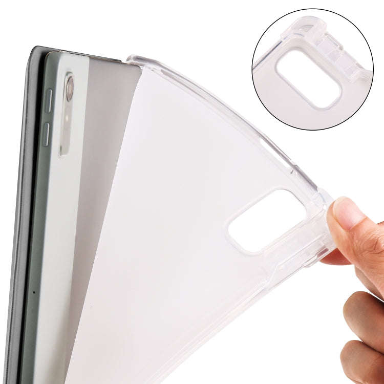 For Lenovo Pad Plus 2023 11.5 inch 3-fold Clear TPU Leather Tablet Case with Pen Slot(Space Grey)