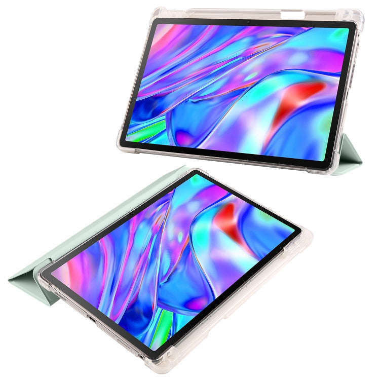For Lenovo Pad Plus 2023 11.5 inch 3-fold Clear TPU Leather Tablet Case with Pen Slot(Light Green)