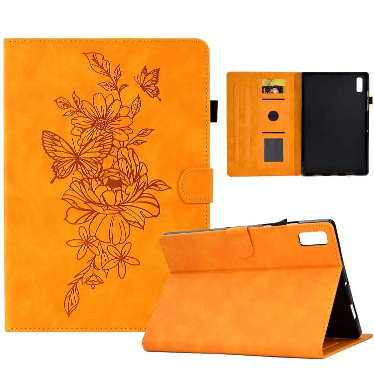 For Lenovo Tab M9 Peony Butterfly Embossed Leather Tablet Case(Khaki)