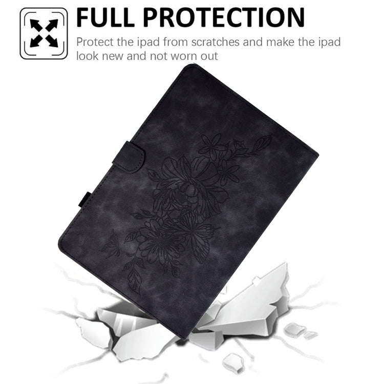 For Lenovo Tab M9 Peony Butterfly Embossed Leather Tablet Case(Black)