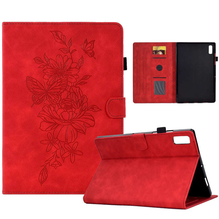 For Lenovo Tab M9 Peony Butterfly Embossed Leather Tablet Case(Red)