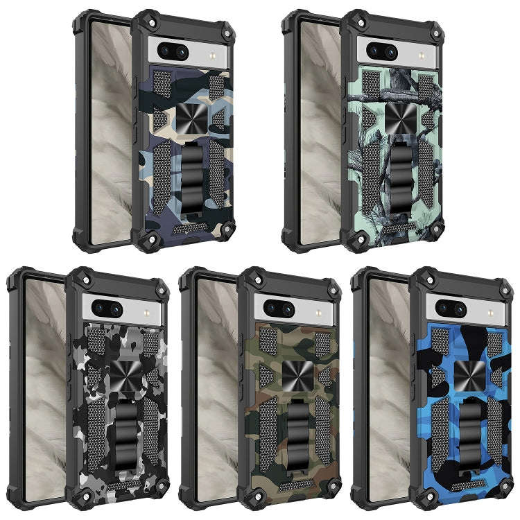 For Google Pixel 7a Camouflage Armor Kickstand TPU + PC Magnetic Phone Case(Blue)