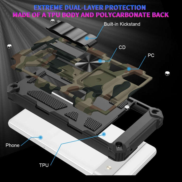 For Google Pixel 7a Camouflage Armor Kickstand TPU + PC Magnetic Phone Case(Blue)