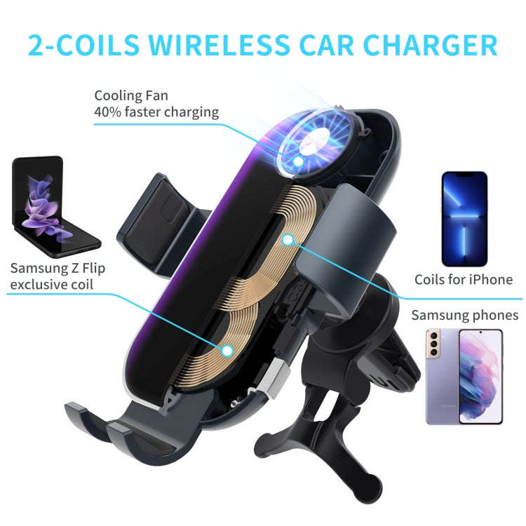 For Samsung Galaxy Z Flip4 / 3 C37 Fan Cooling Dual Coil Car Phone Holder Wireless Charger