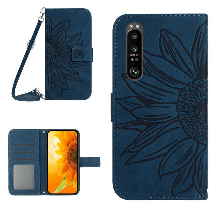 For Sony Xperia 1 V HT04 Skin Feel Sun Flower Embossed Flip Leather Phone Case with Lanyard(Inky ...
