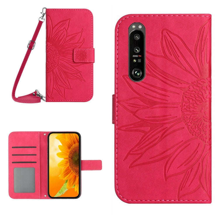For Sony Xperia 1 V HT04 Skin Feel Sun Flower Embossed Flip Leather Phone Case with Lanyard(Rose ...