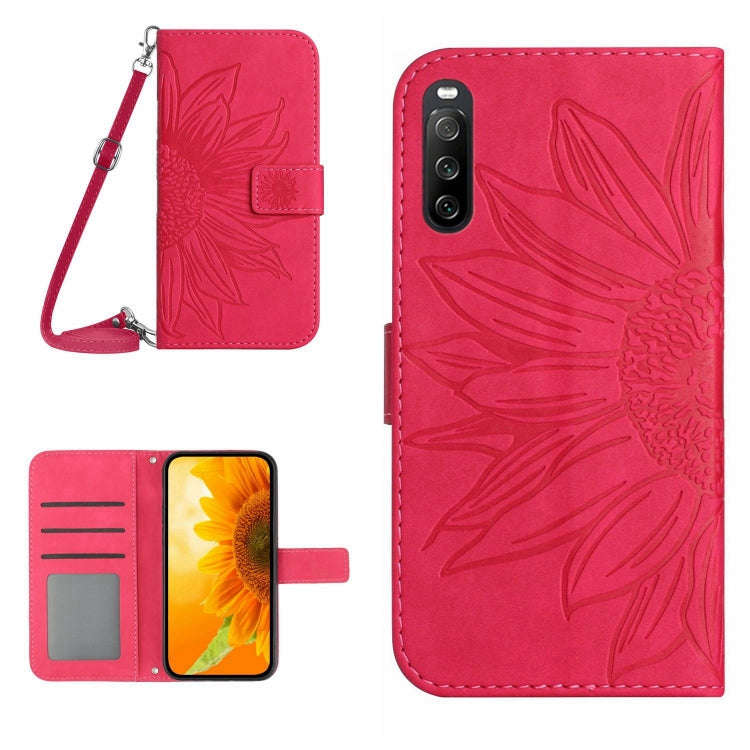 For Sony Xperia 10 V HT04 Skin Feel Sun Flower Embossed Flip Leather Phone Case with Lanyard(Rose...