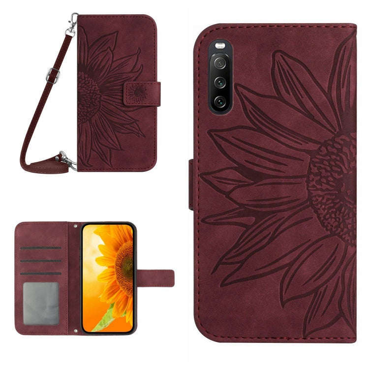 For Sony Xperia 10 V HT04 Skin Feel Sun Flower Embossed Flip Leather Phone Case with Lanyard(Wine...