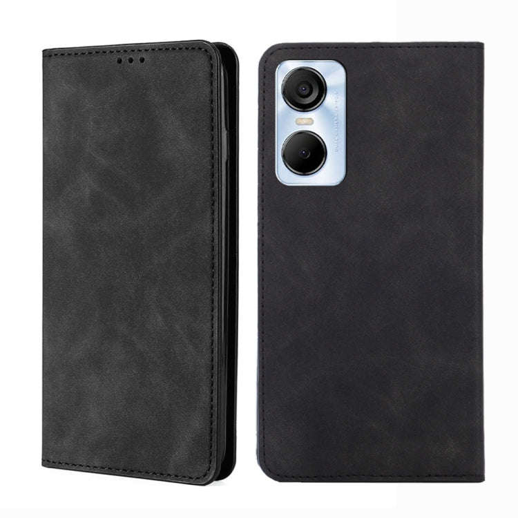 For Tecno Pop 6 Pro Skin Feel Magnetic Horizontal Flip Leather Phone Case(Black)