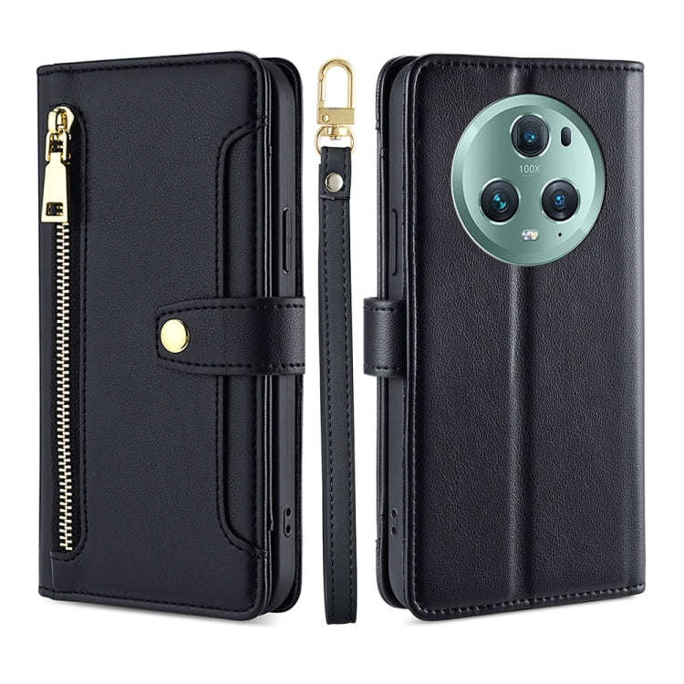 For Honor Magic5 Pro Sheep Texture Cross-body Zipper Wallet Leather Phone Case(Black)
