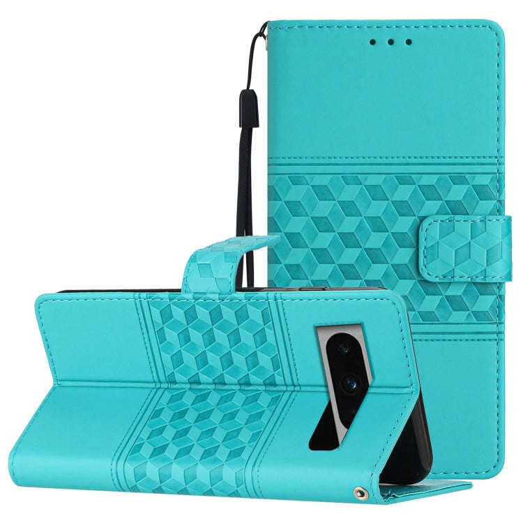 For Google Pixel 8 Pro Diamond Embossed Skin Feel Leather Phone Case with Lanyard(Blue)