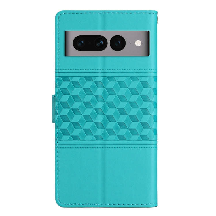 For Google Pixel 7 Pro 5G Diamond Embossed Skin Feel Leather Phone Case with Lanyard(Blue)