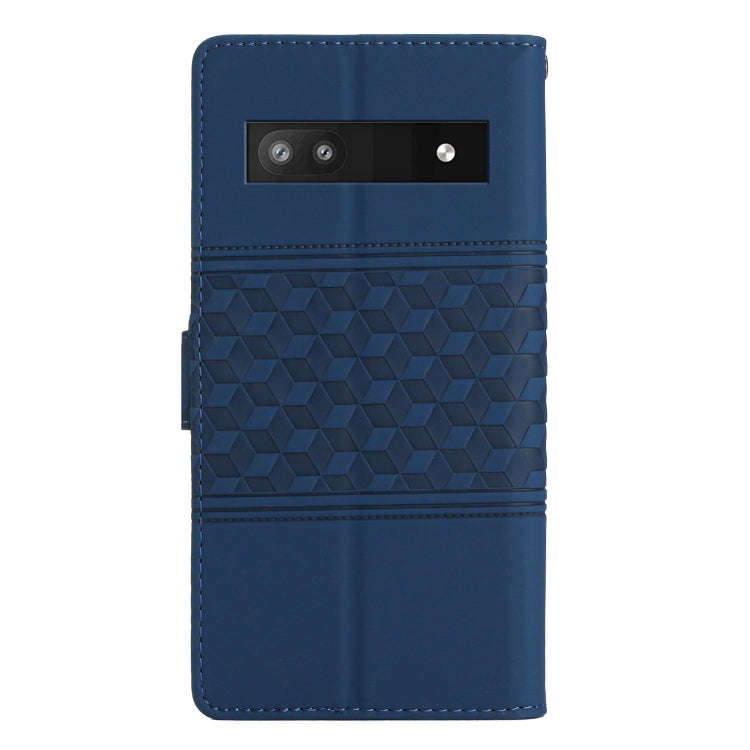 For Google Pixel 7a Diamond Embossed Skin Feel Leather Phone Case with Lanyard(Dark Blue)