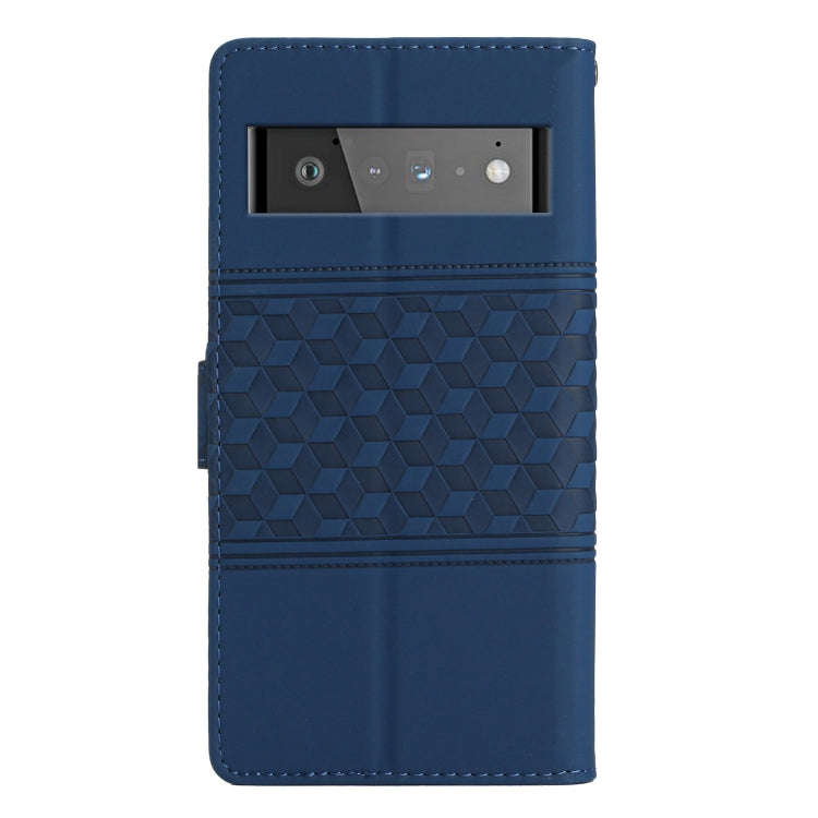 For Google Pixel 6 Pro Diamond Embossed Skin Feel Leather Phone Case with Lanyard(Dark Blue)