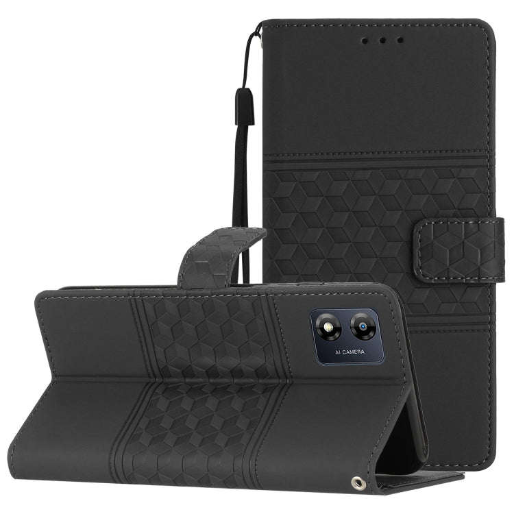 For Motorola Moto E13 Diamond Embossed Skin Feel Leather Phone Case with Lanyard(Black)